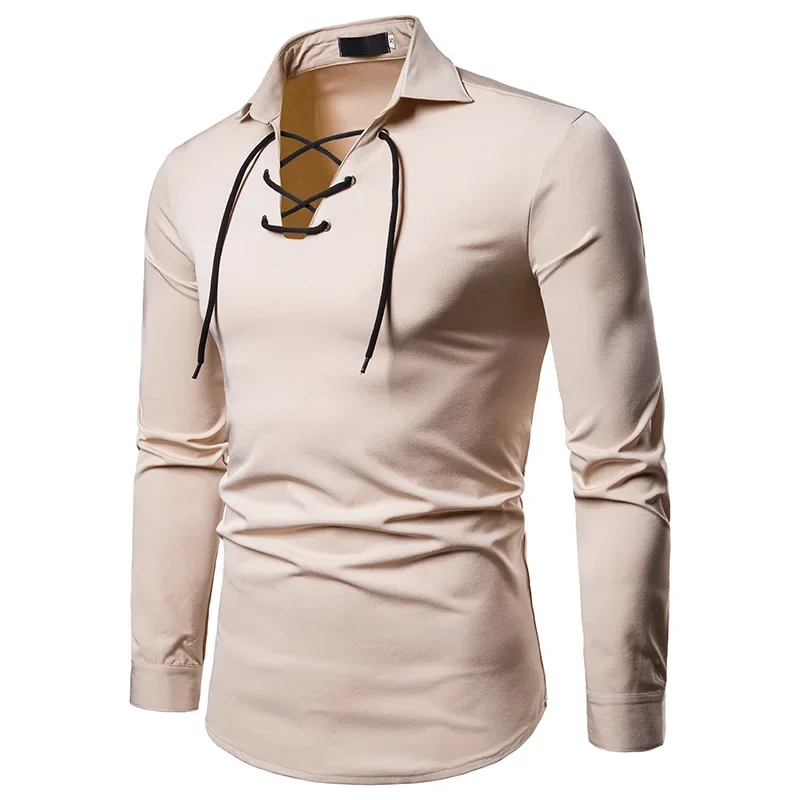 

Mens White V Neck Bandage Shirts 2021 Brand Slim Fit Solid Color Lapel Long Sleeve Dress Shirt Male Business Casual Social Shirt