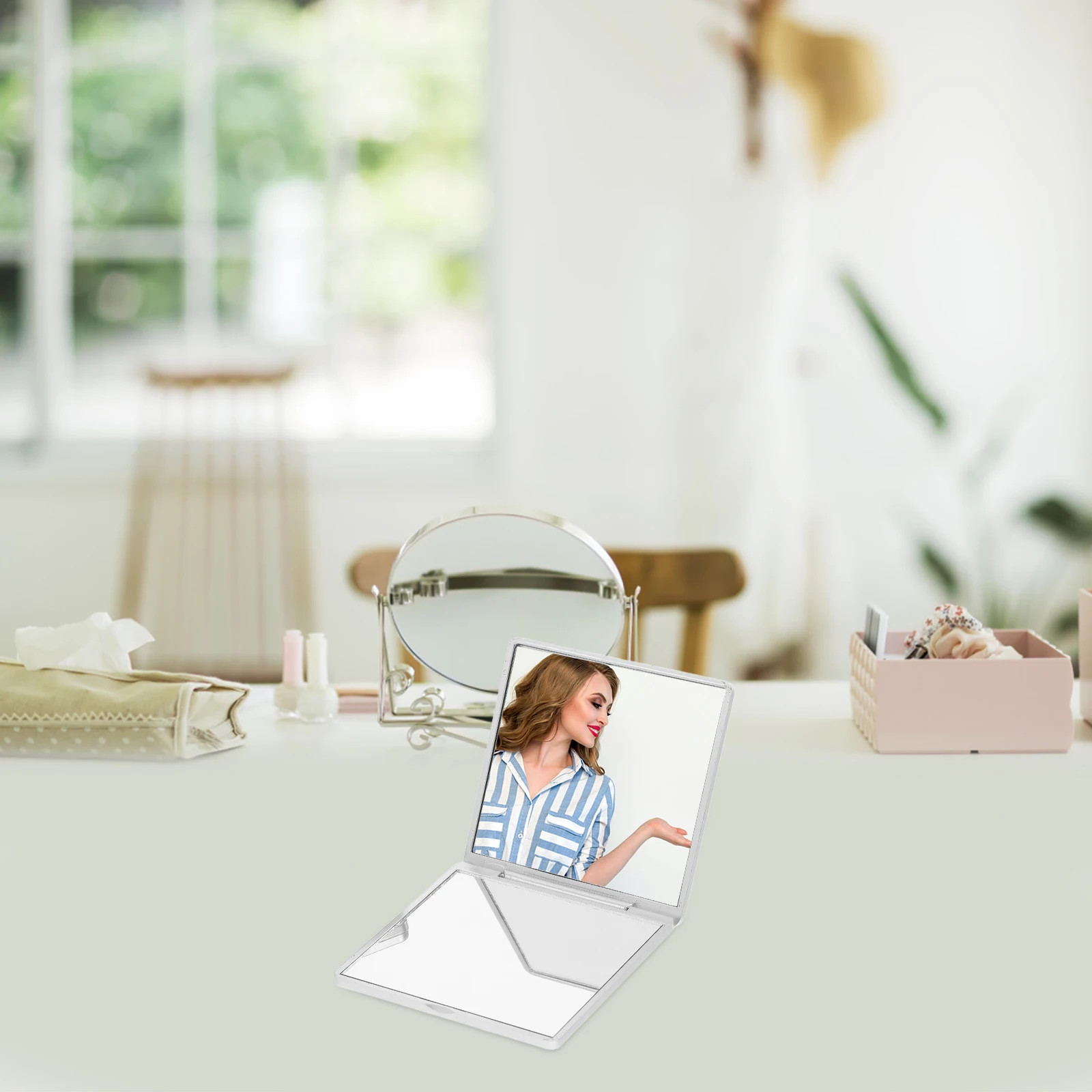 3개입 미니 메이크업 거울 컴팩트 여행용 접이식 장미 디자인 확대 기능 소형 거울 휴대용