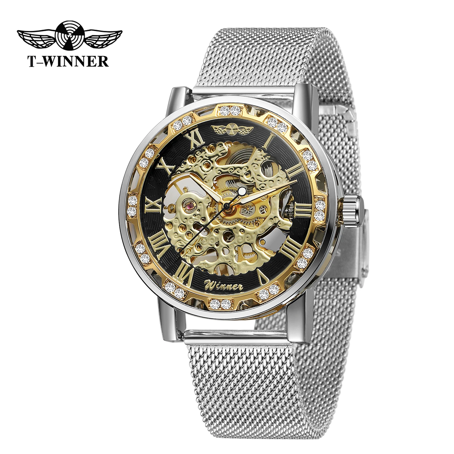 

T-WINNER Классические мужские механические часы со скелетом и гравировкой, светящиеся указатели, сетчатый ремешок со стразами, мужские наручные часы с римскими цифрами