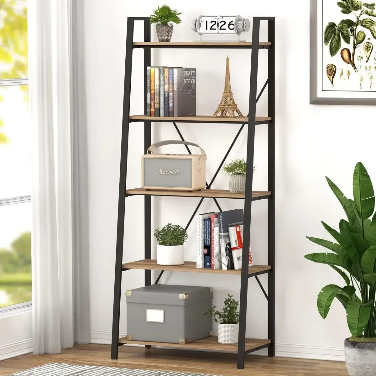 Industrial 5 Tier Ladder Bookshelf,Wood and Metal Ladder Shelf Bookcase, Farmhouse Leaning Shelves for Living Room (Vintage Oak)