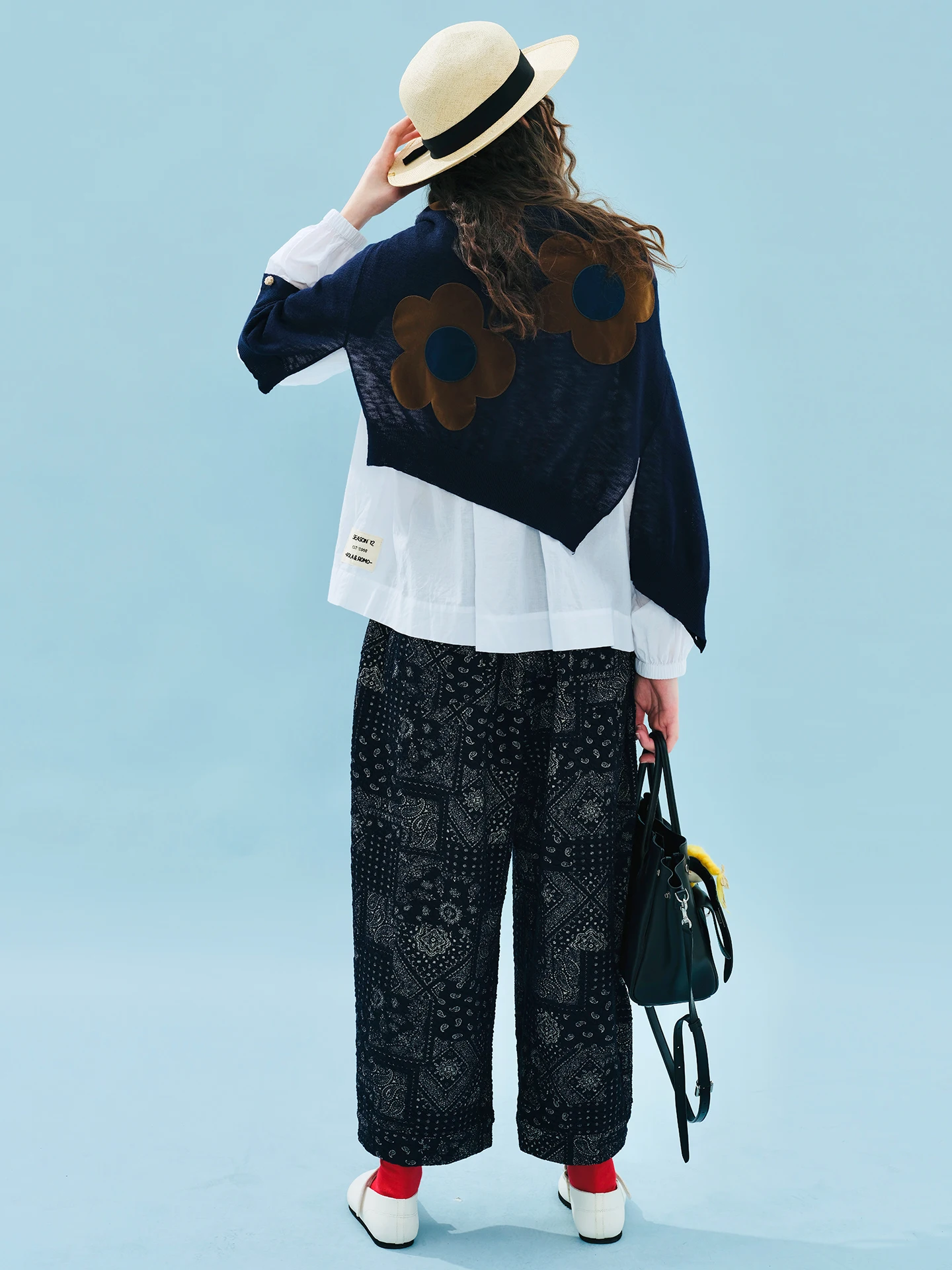 Women's White Ruffled Neckline Long - Sleeve Shirt Loose Fit Pleated Front Blouse 255170