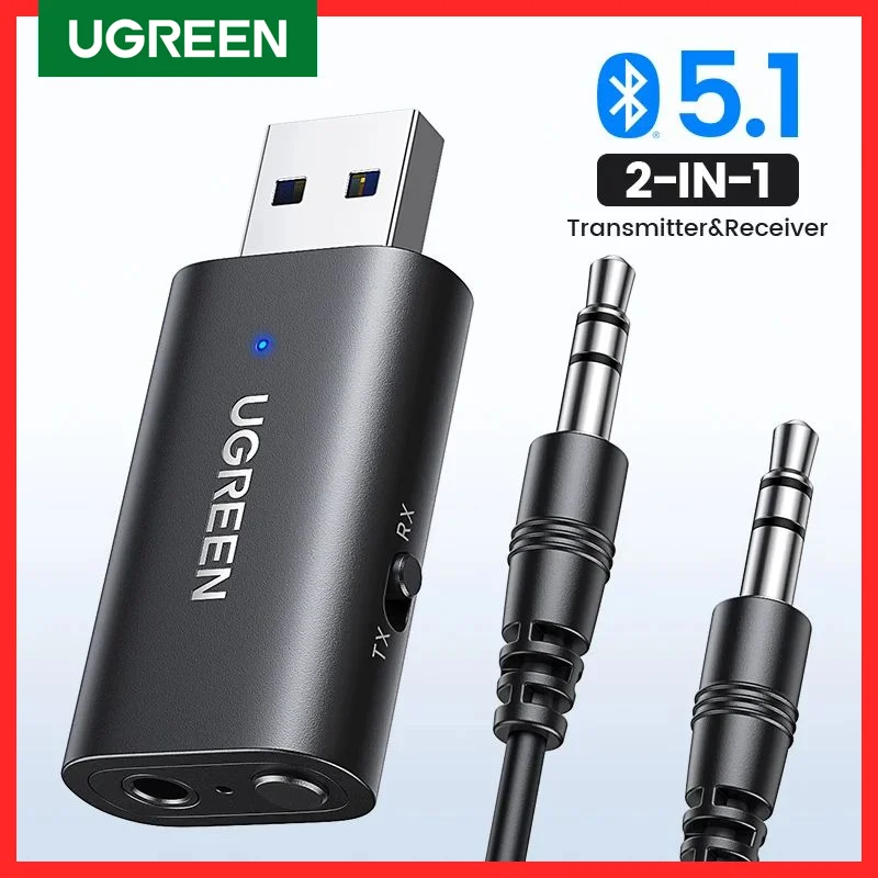 UGREEN 블루투스 리시버 송신기, 2 in 1 블루투스 5.1 어댑터, 무선 자동차 리시버 Aux, 자동차 스테레오 스피커용, 3.5mm 잭