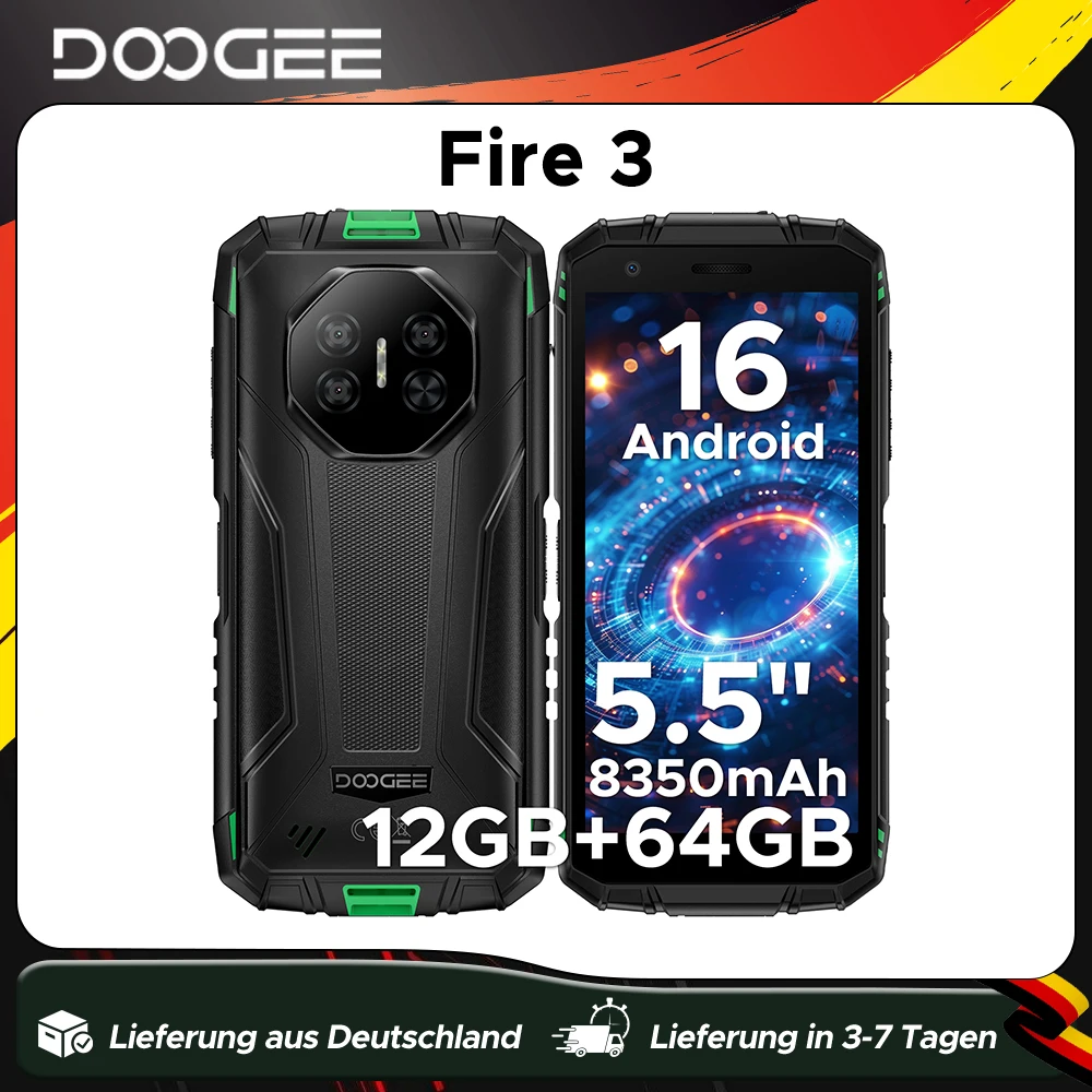 DOOGEE Fire 3 Rugged Phone 8350mAh Battery 5.5'' Display 12GB RAM (3GB+9GB) 64GB ROM Android 15 Smartphone Support Widevine L1