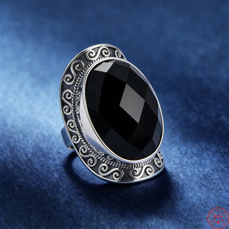 BOCAI New S925 Silver Rings for Women Men Antique Pattern Inlaid Tangent Plane Agate Fashion Trend Fine Jewelry Wholesale