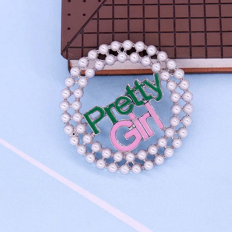 Alloy Metal Pink Green Enamel Color Pearl Pretty Girl Brooch Greek Letter Sorority Pin Jewelry