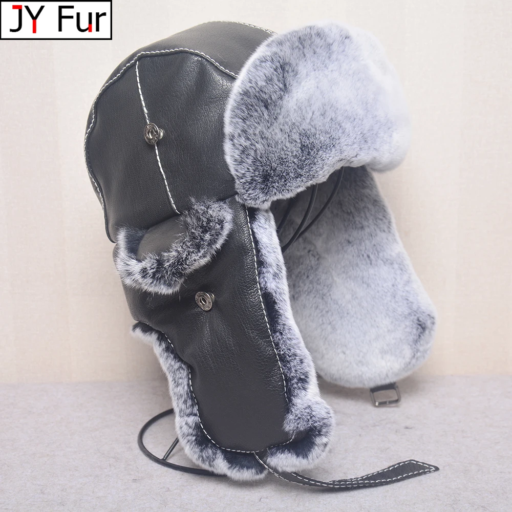 

Winter Russian Man & Woman Wholeskin Natural Rex Rabbit Fur Hats Luxury Real Sheep Skin Leather Cap Unisex Real Fur Bomber Hat