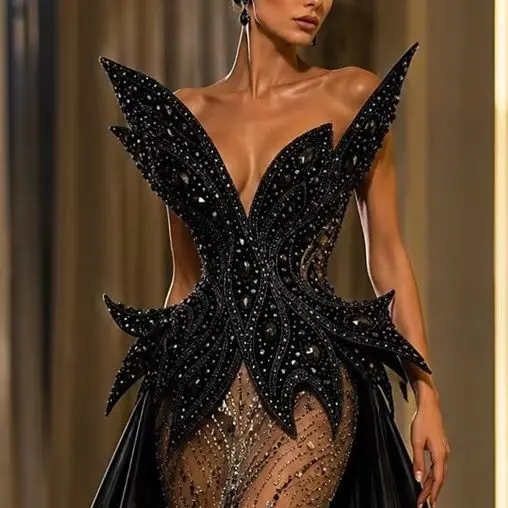 Preciosos Vestidos de Noche Negros con Cuentas y Sobrefalda, Vestidos de Fiesta de Compromiso, Vestidos de Cóctel con Cristales de Dubái, Personalizados