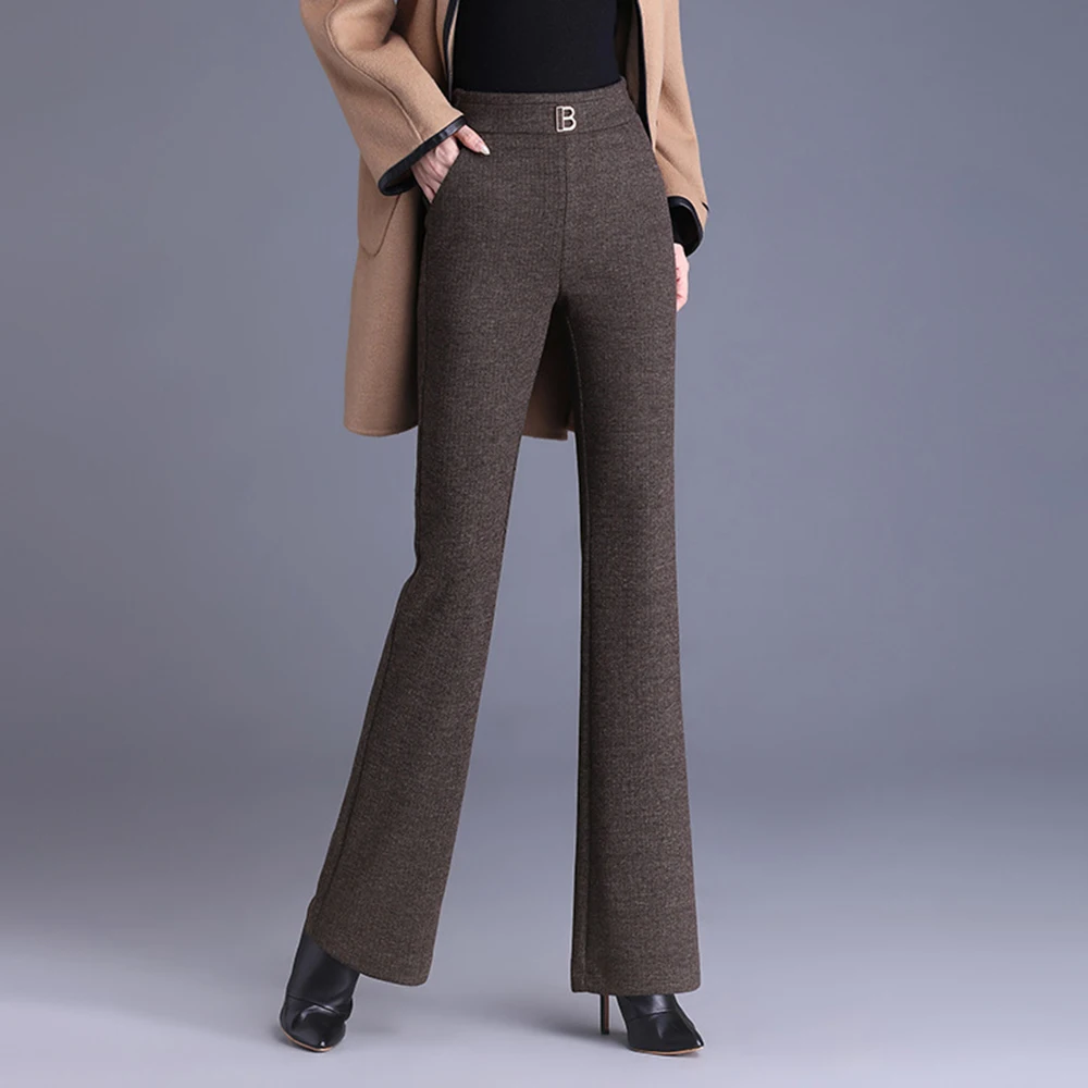 2024 New Women Woolen Flare Pants For Spring Autumn Winter Elastic Band High Waist Slimming Thicken Stretch Flared Trousers