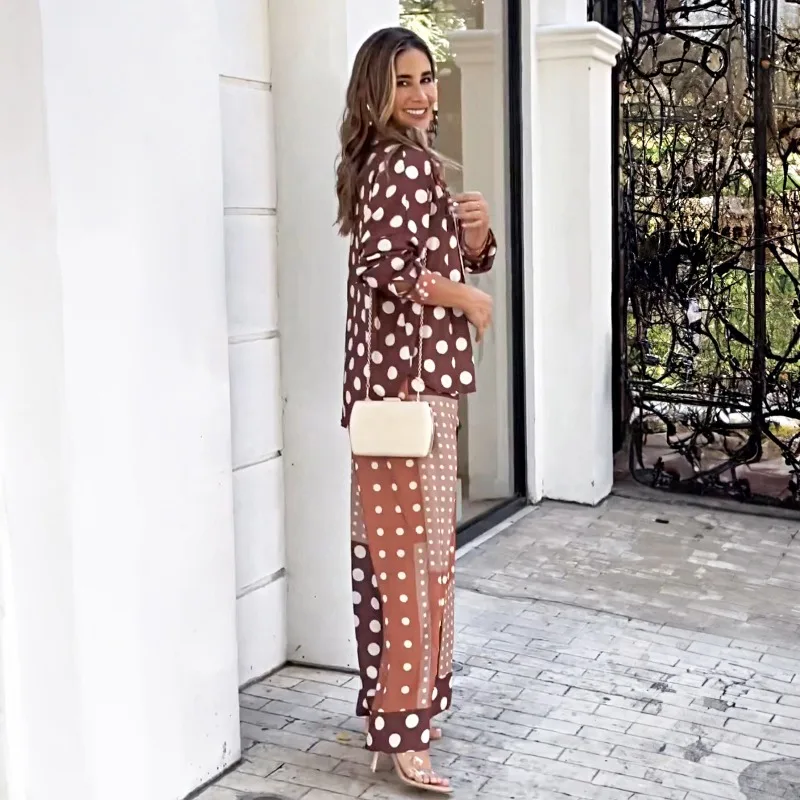 2024 Spring Summer Dotted Prints Loose Suit Women Long Sleeve Turn-down Collar Shirt Top High Waist Pocket Wide Leg Pants Suit