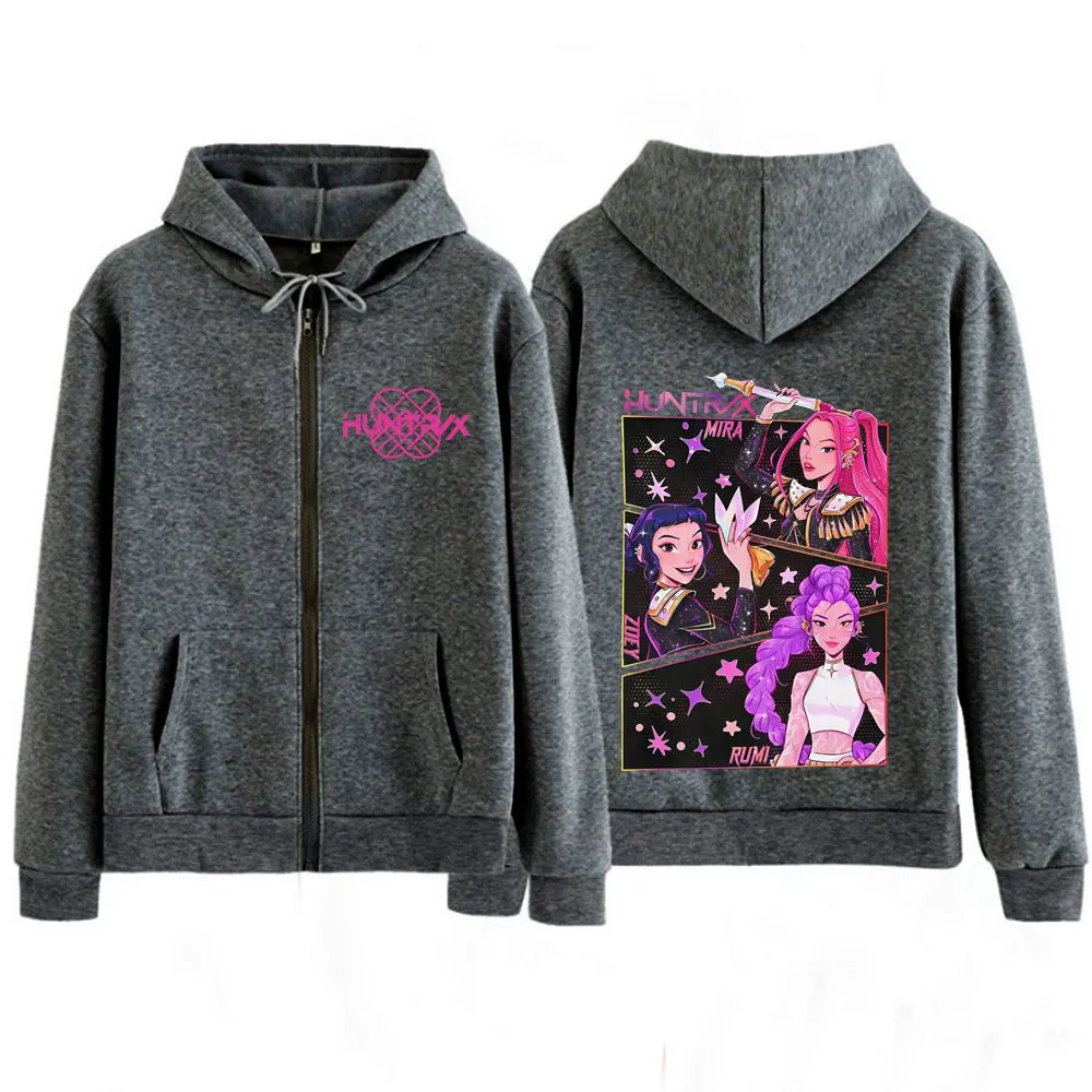 KPOP Demon Hunters Double-sided Graphic Zip Up Hoodies Men Women Harajuku Sweatshirt Long-sleeved Aesthetic Casual Zipper Jacket