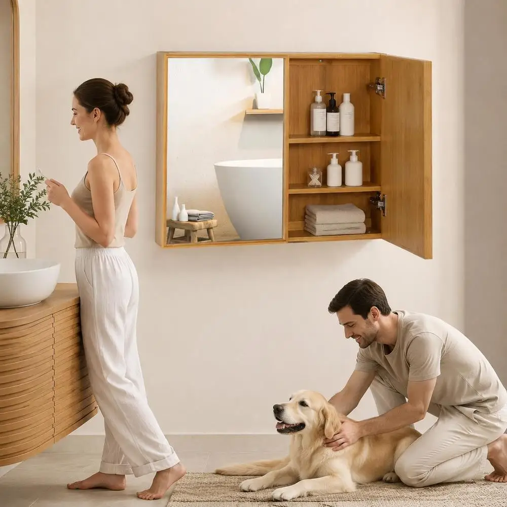 Armoire murale de salle de bain avec miroirs et portes en bambou X X cm