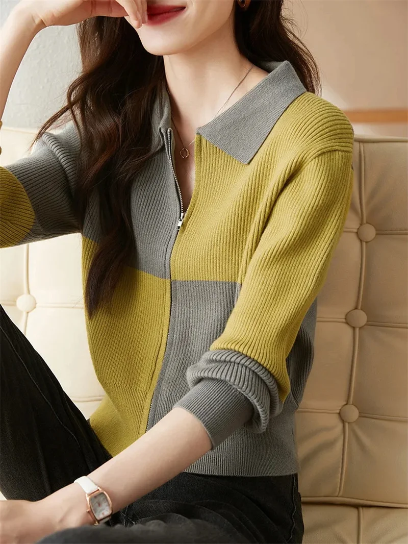 Knitted Cardigan Women's Long Sleeved Loose 2024 New Casual Thin Jacket Spring And Autumn Korean Color Blocking French Chic Top