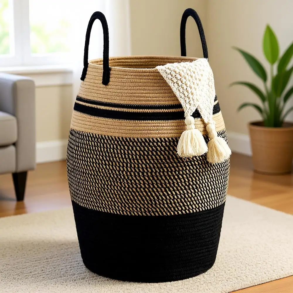 

Extra Large 105L Woven Laundry Hamper Basket, Tall Clothes Storage Organizer for Bedroom, Living Room, Brown & Black