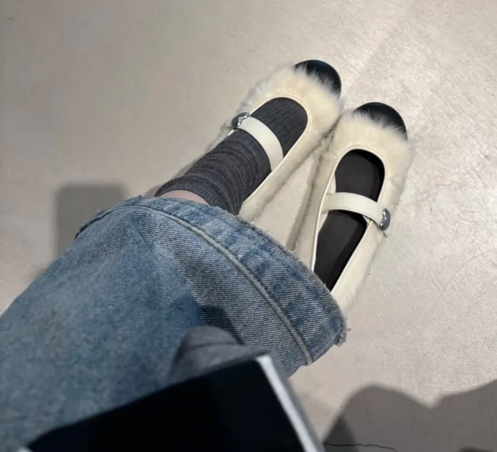 White Faux Fur Mary Jane Flats Black Leather Toe Cap Heart-Accented Strap Cute Round-Toe Sweet Winter Casual Everyday Outfits view 6