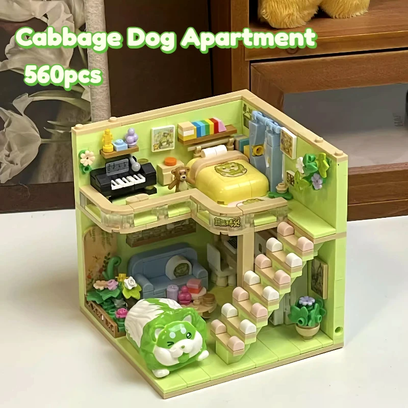 MOC-Juego de bloques de construcción de apartamento para perros y repollo, casa de animales bonita, vista de calle, cabaña, Idea, juguetes de decoración DIY para niños, regalos de cumpleaños