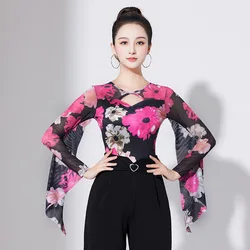 Elegant Trumpet Sleeve Women Printing Dance Wear Ballroom Latin Top Dancing Slim Fit Waltz Modern Samba Party Jazz Sexy T-shirt