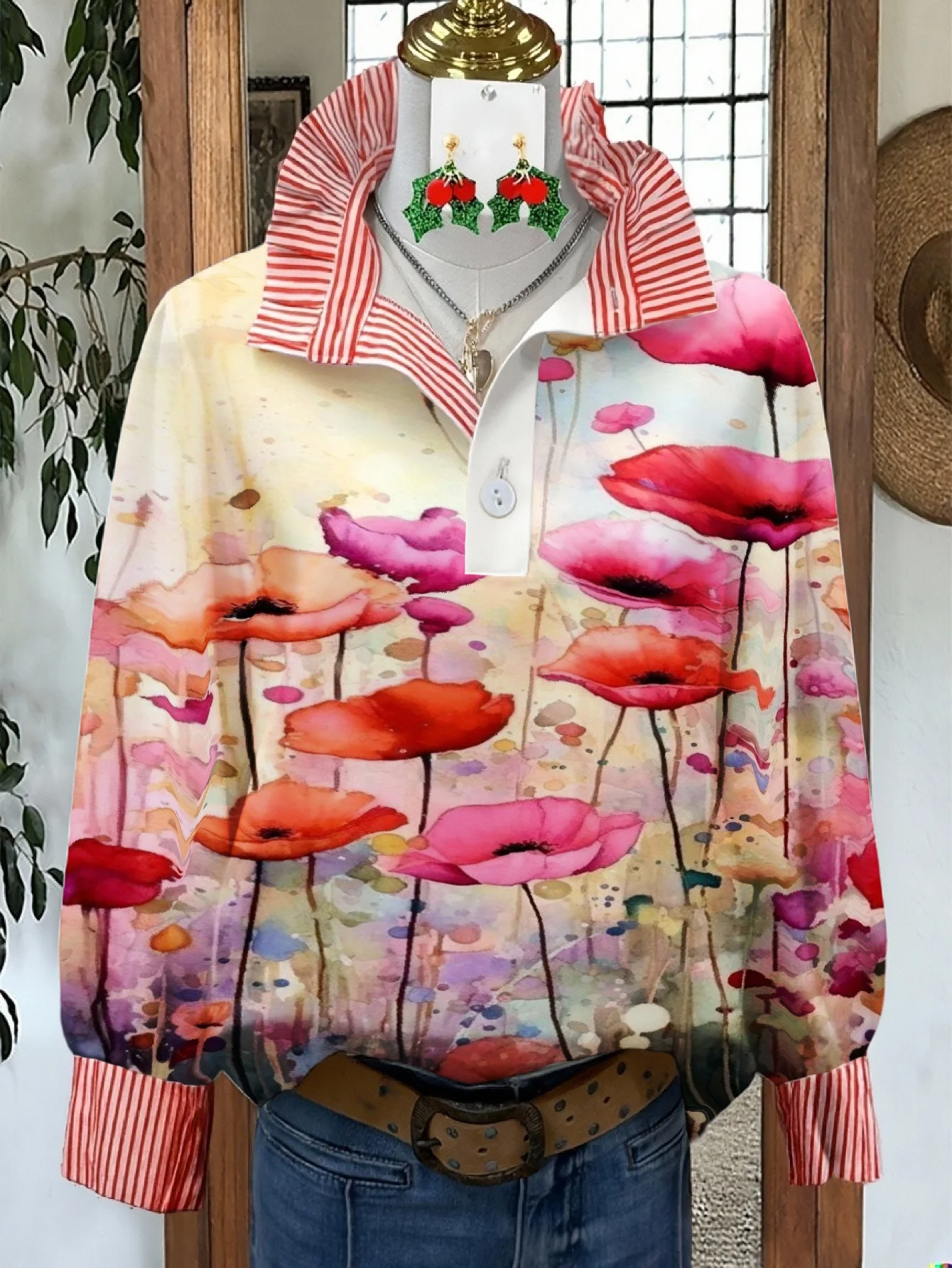 A women's top for spring and autumn winter, women's stand up collar shirt with long sleeves, a must-have for vacation travel, 