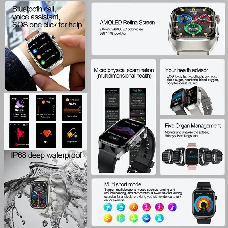 2024 New Accurate Measure Blood Sugar Lipids Uric Acid Smart Watch Men ECG Blood Pressure Health SmartWatches For Android Xiaomi