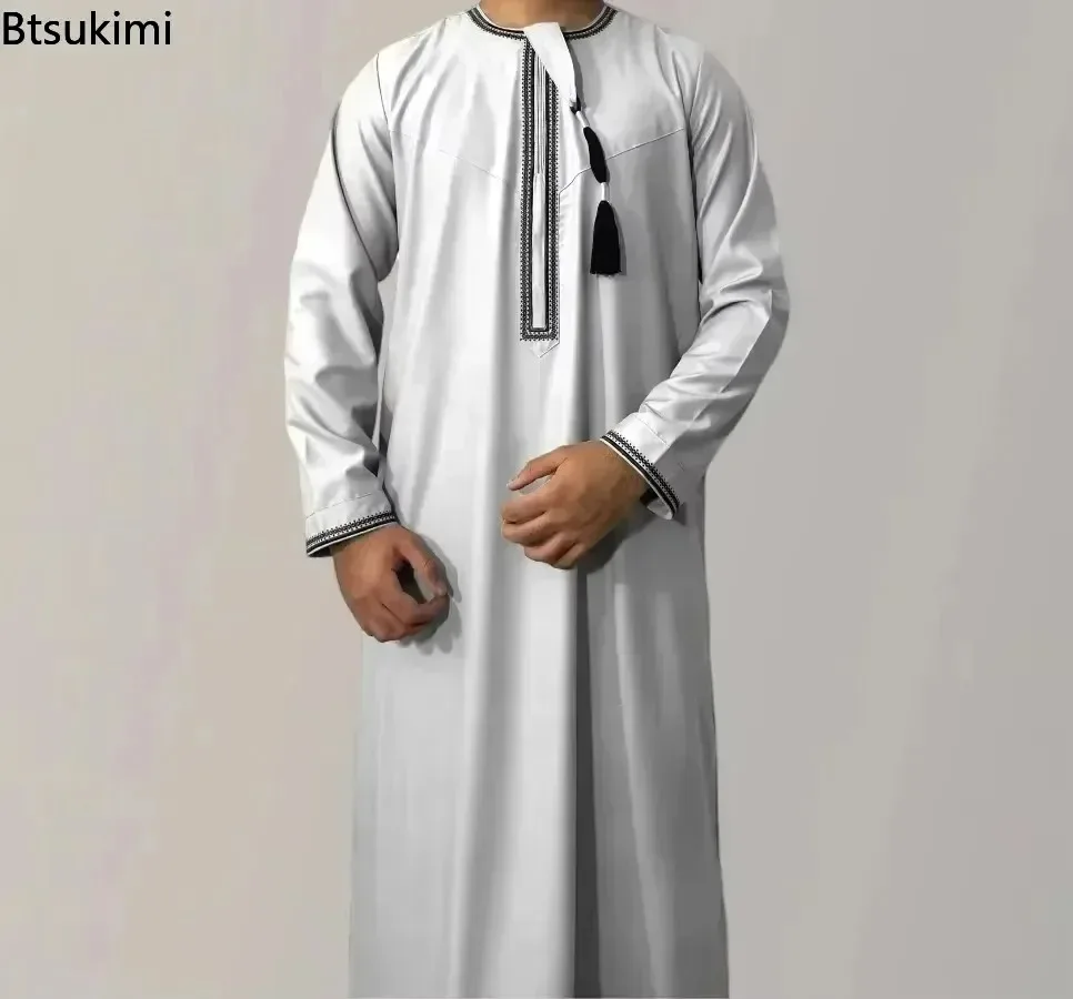 New  Muslim Fashion Abayas for Men Long Sleeve Pullover Dress Robes Daffah Jubba Thobe Pakistan Saudi Arab Kaftan Islam Clothing