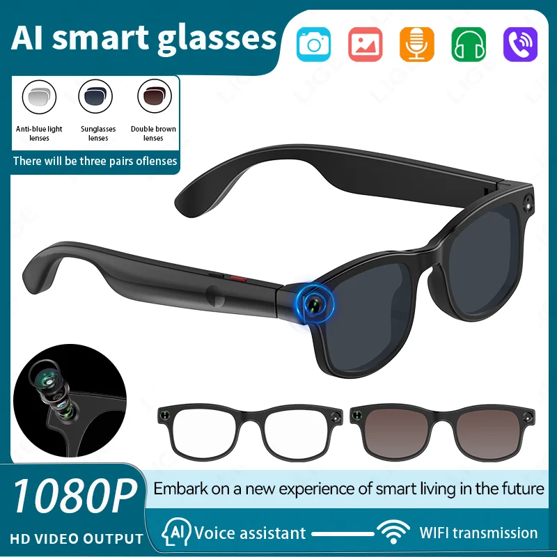 

LIGE New AI Smart Glasses 500W HD Camera Video Recording Bluetooth Call Glasses Translation Sunglasses 270mAh WiFi Transmission