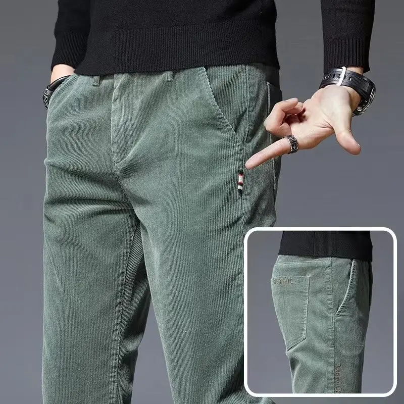 Corduroy Autumn Winter 2022 Men\'s Stretch Casual Slim Straight Velvet Thicken Men\'s Trousers Fashionable Youth Army Green Pants