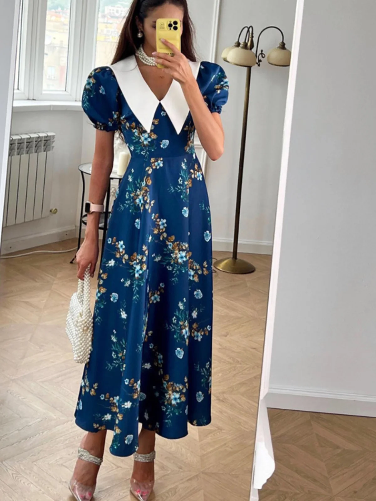 Or Sve – col de poupée imprimé Floral bleu, Long Dr pour femmes, printemps été, rue, taille haute, ligne a, Dr Bubble Sve