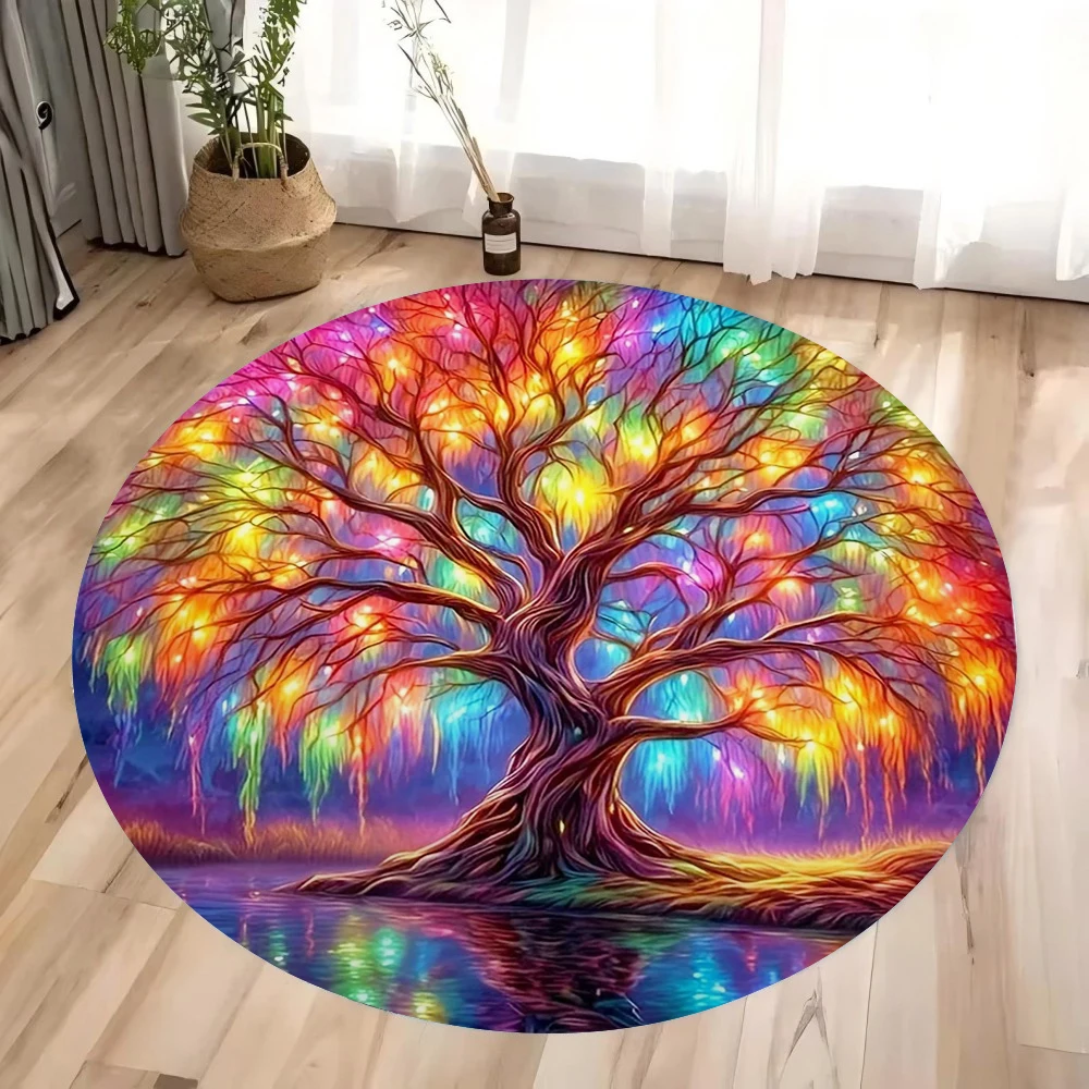 Anti Slip Floor Round Rug Magical Nature‑themed Neon Lit Tree and Water Reflection Carpet for HouseLiving Area Indoor Decoration