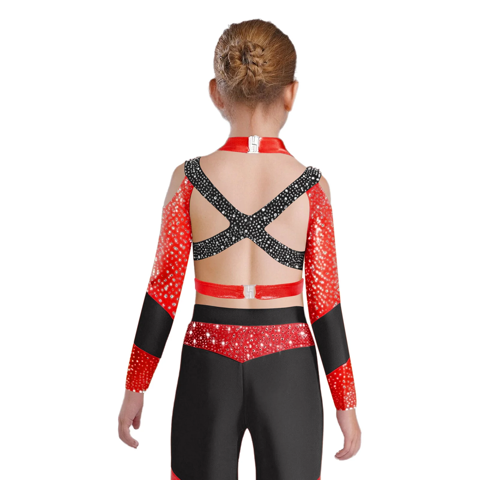 Kids Girls Figure Skating Jazz Dance Tops Gymnastics Acrobatics Performance Costume Long Sleeve Shiny Rhinestone Cutout Crop Top