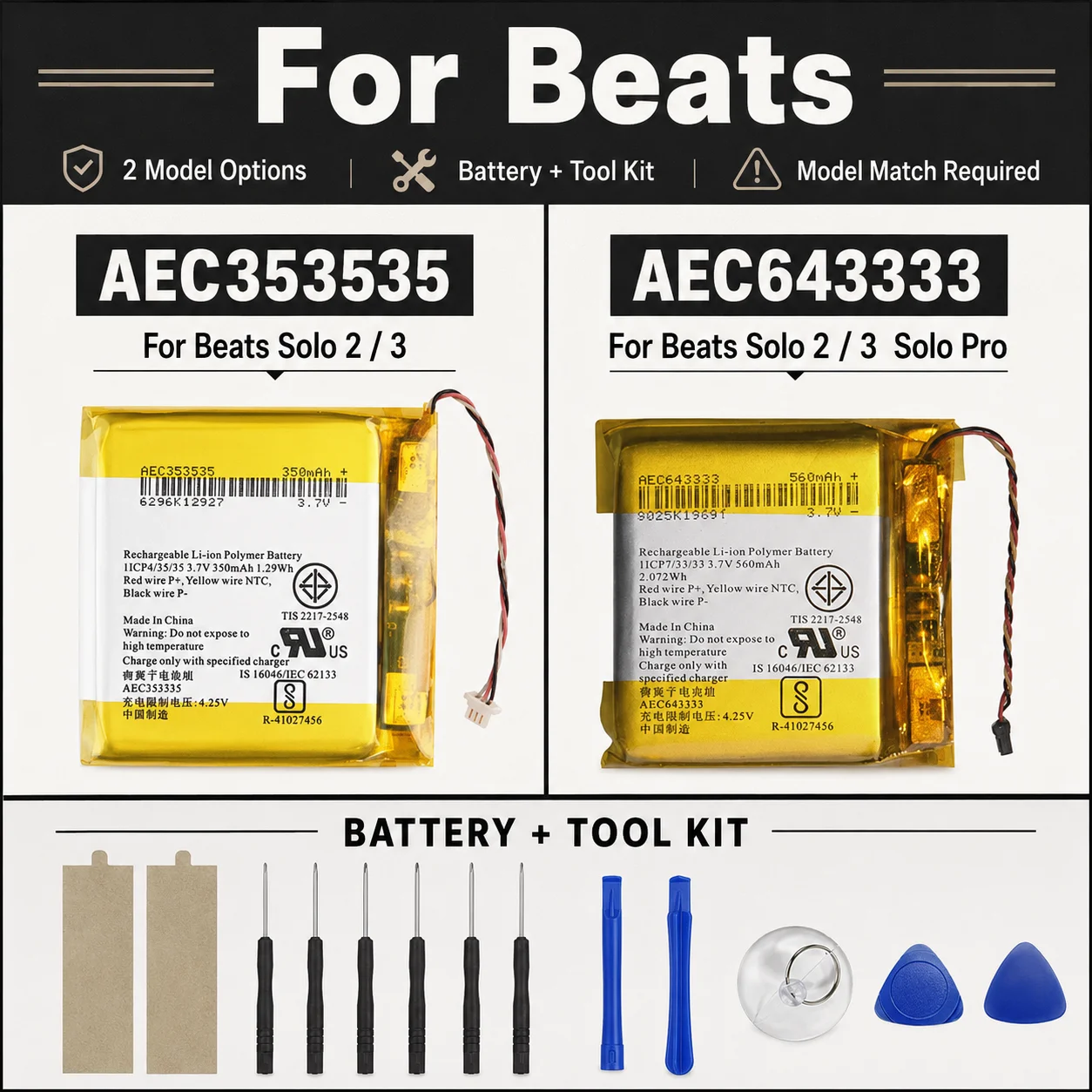 Headset-Akku AEC353535 AEC643333 für Beats Solo2 Solo3 Studio2 Studio3 Pro Wireless Kopfhörer, langlebiges Reparaturwerkzeug-Set