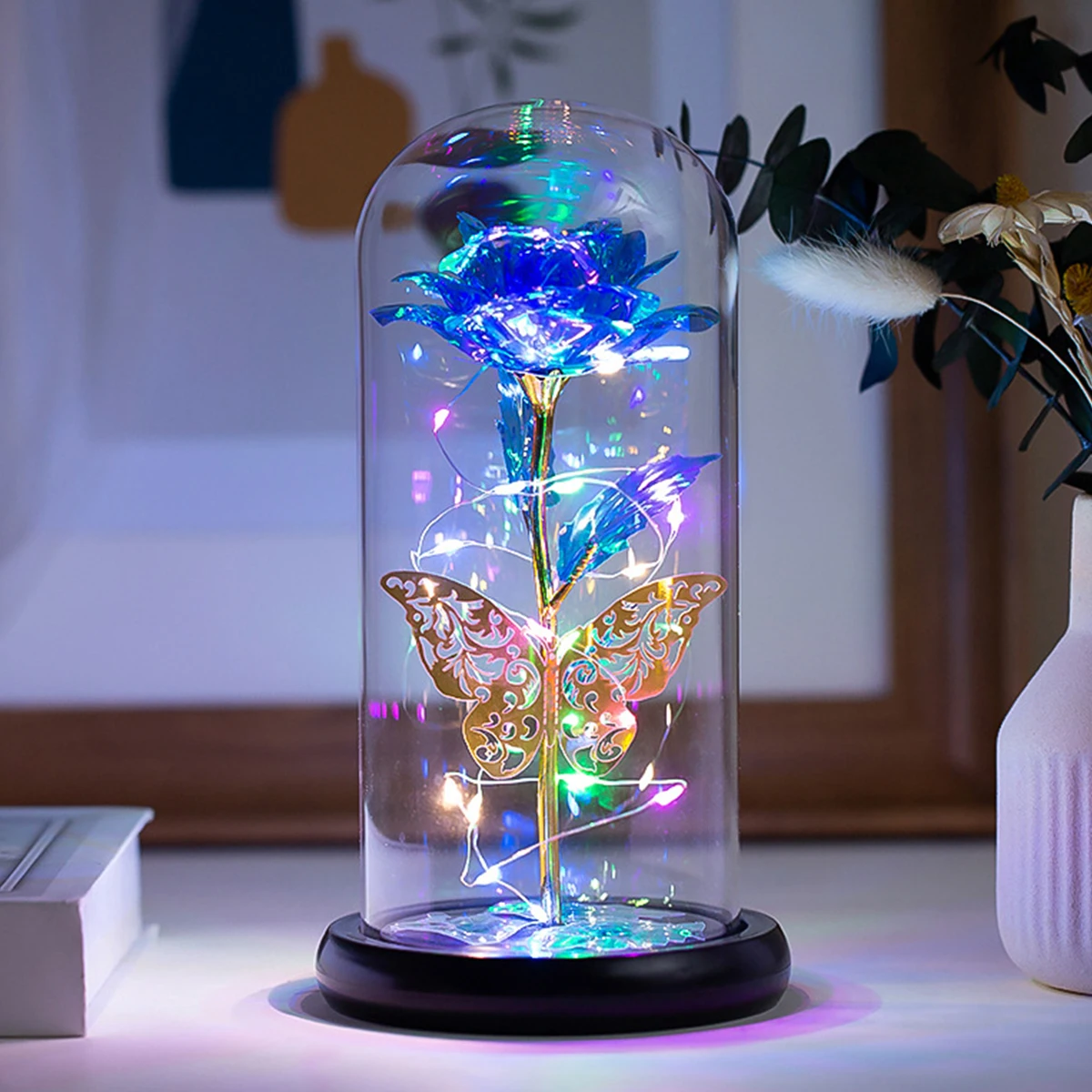 Rose Light Artificial Galaxy Rose Lamp with Butterfly and Colorful Rose Flower LED Light Artificial Flower Gift for Women Girls