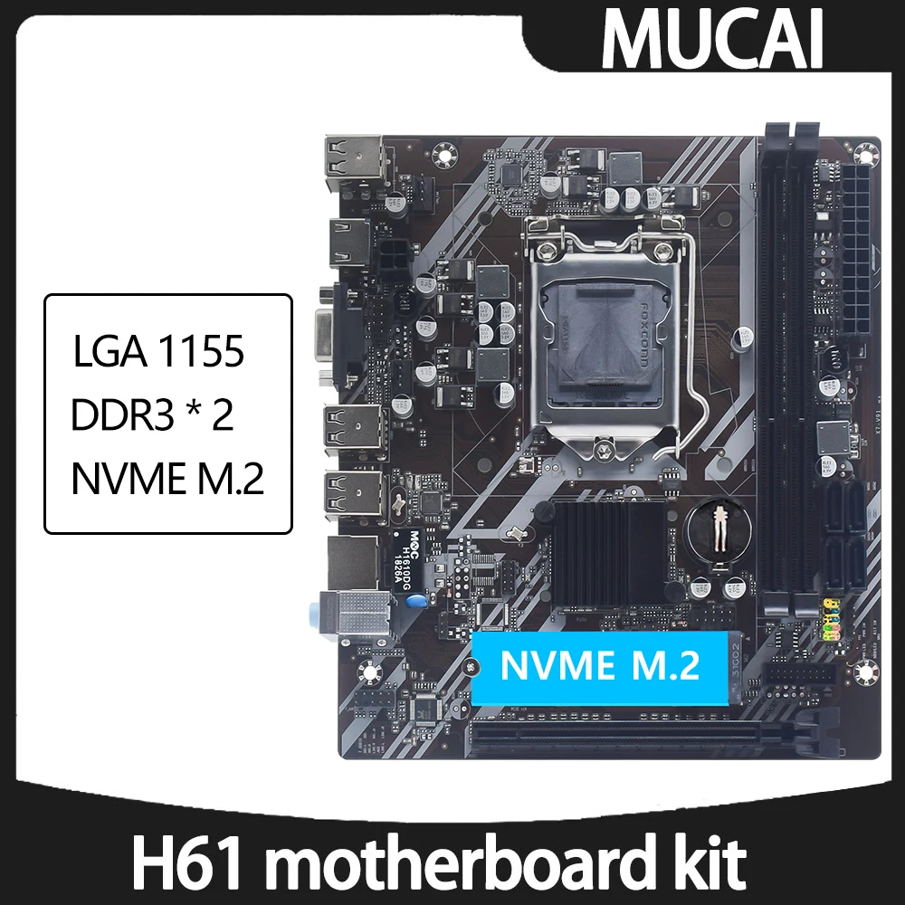 MUCAI 마더보드 LGA 1155 키트, 인텔 코어 CPU 호환 2 세대 및 3 세대, M.2 NVME SDD 지원, H61