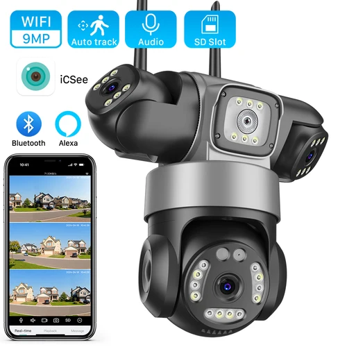 ICsee cámara IP PTZ inalámbrica 8K 15MP 3 lentes 3 pantallas 9MP 4K Audio bidireccional WiFi cámara de vigilancia de seguridad CCTV para exteriores
