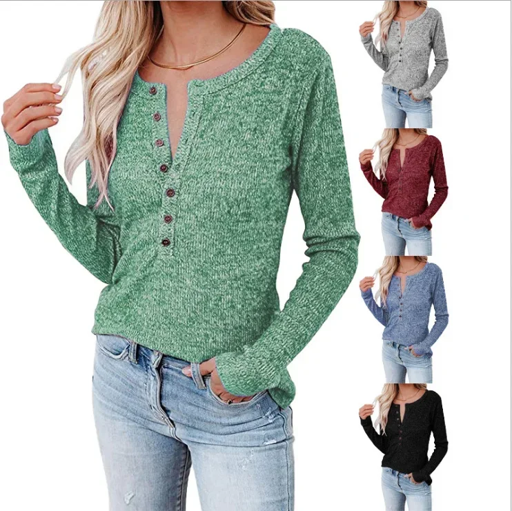 

Buttons Up Casual Women's T-Shirts Autumn Long Sleeve Top Female Clothing Solid Slim Basic Tee Shirt Femme 2023 New