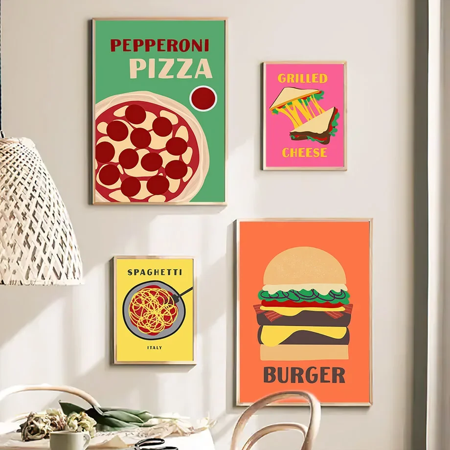 Pizza Ramen Tacos hamburguesa espagueti queso a la parrilla arte de pared minimalista lienzo impreso pintura carteles para dormitorio decoración del hogar