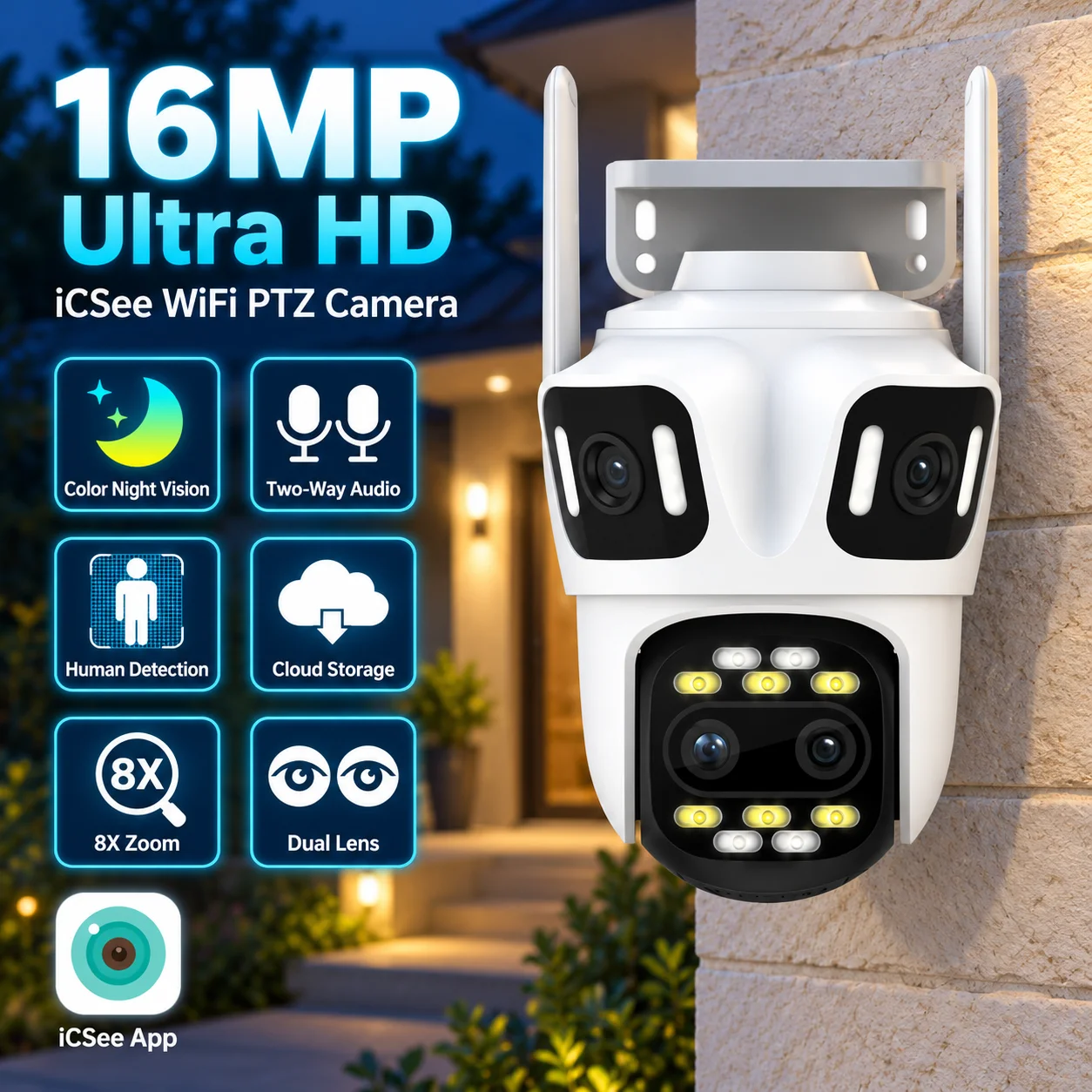 8K 16MP WiFi PTZ Camera Four Lens Three Screens 8X Zoom Outdoor CCTV Security Camera Auto Tracking Video Surveillance IP Cam