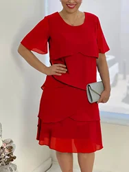 Casual Chiffon Plus Size Summer Dress for Women Layer Solid Vintage Short Sleeve Round Neck 2024 Female Dresses Vestidos