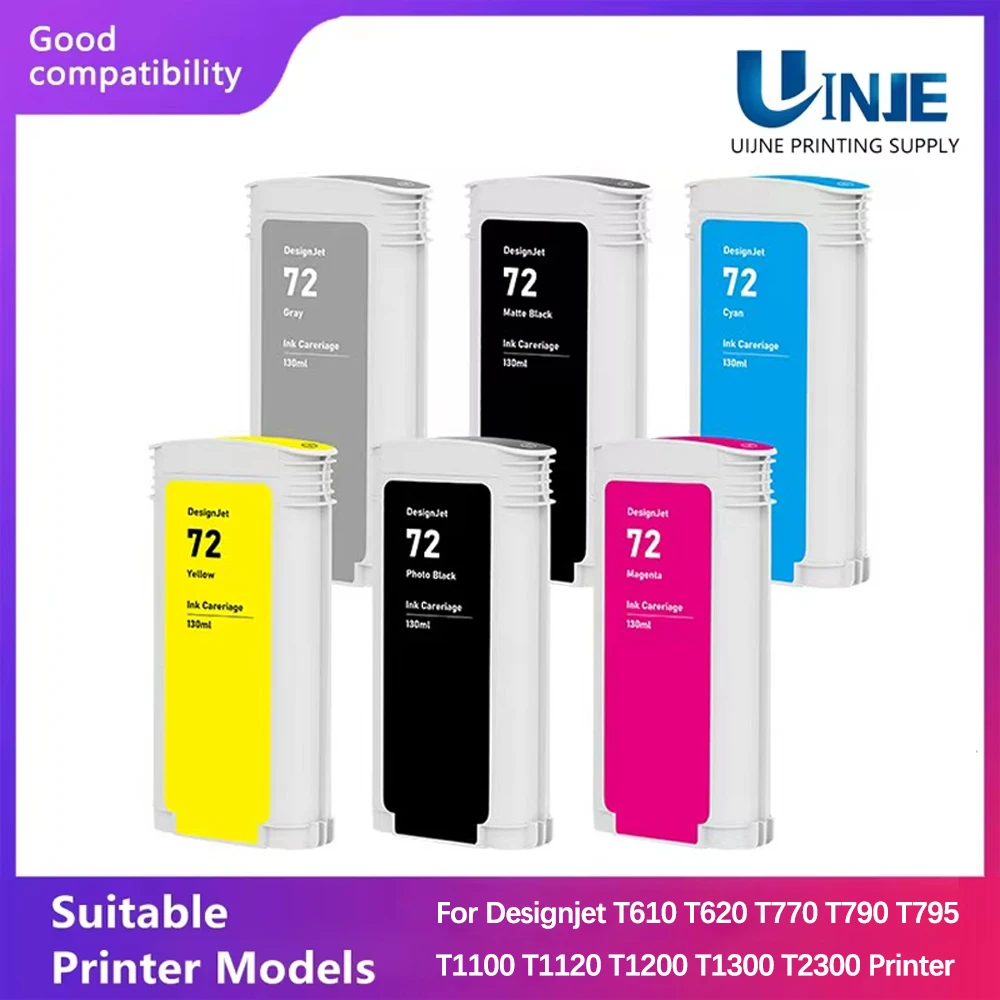 NEW 72 Inkjet Ink Cartridge 130ML Compatible For HP72 Designjet T610 T620 T770 T790 T795 T1100 T1120 T1200 T1300 T2300 Printer