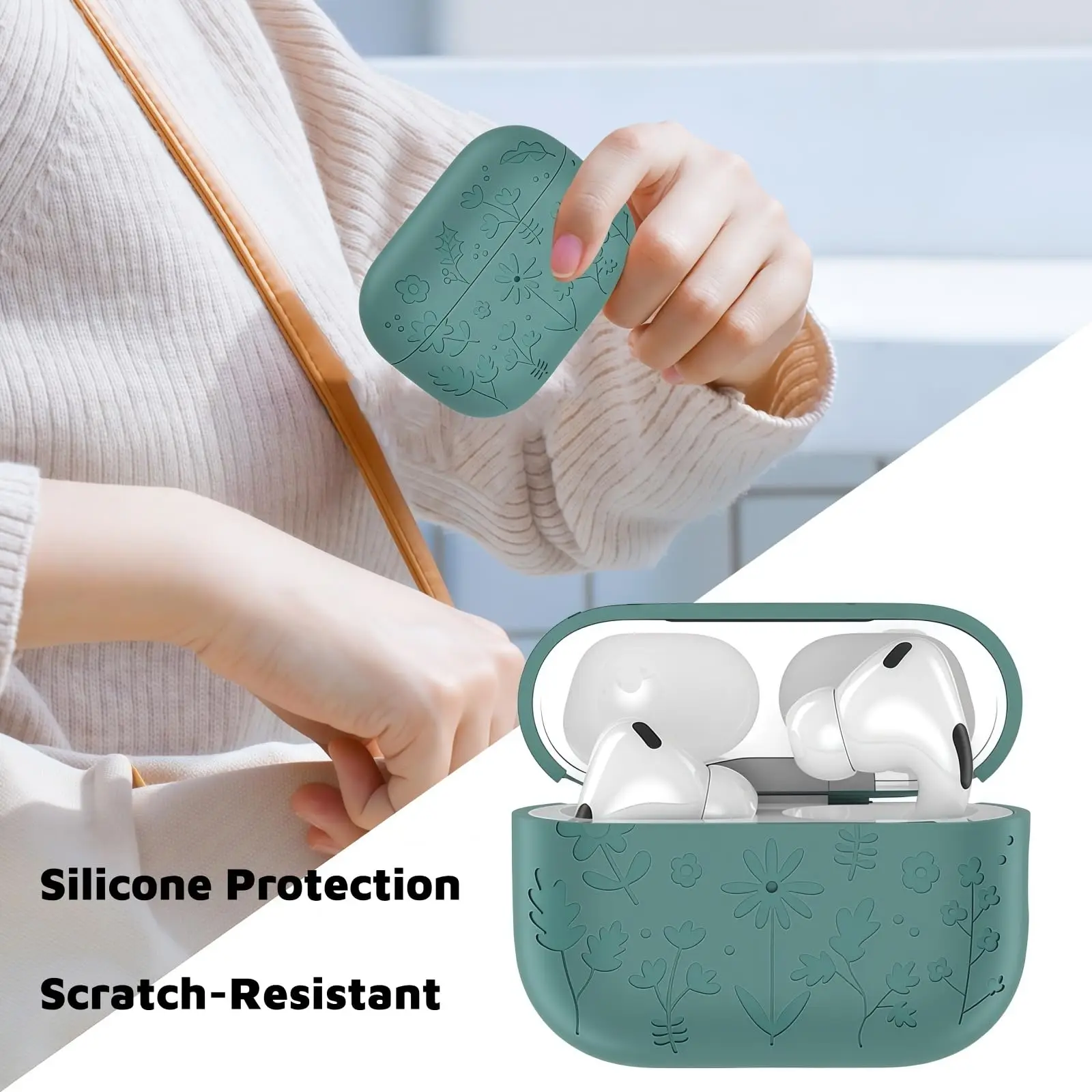 for AirPods 4/Pro 3 Flora Engraved Design Case for AirPods 4 Cover Protective Silicone flower with Keychain for Airpods Pro 3/4 - view 6