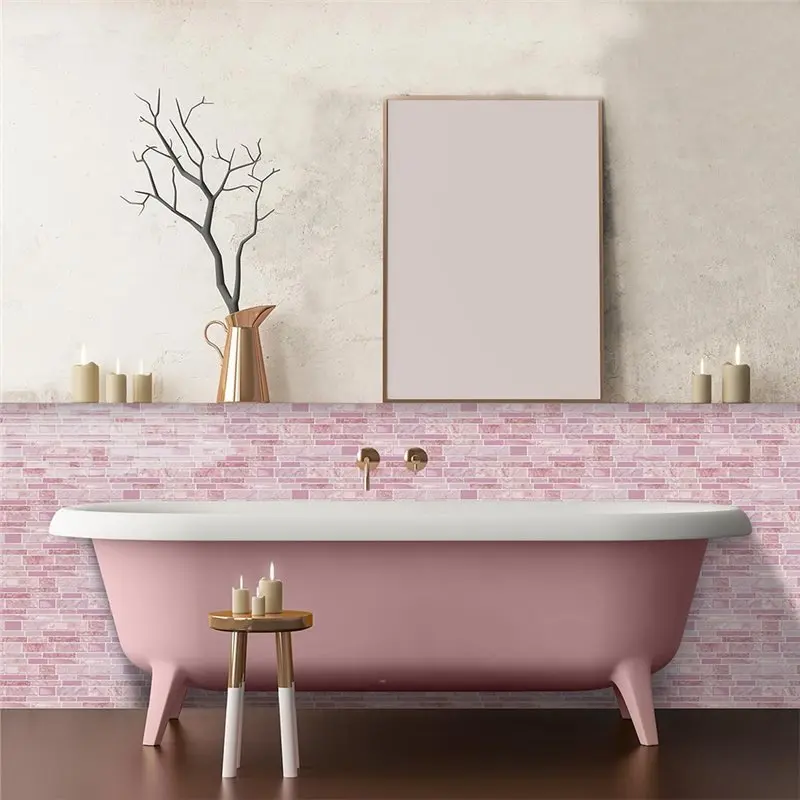 ABVG-9.69X4.72Inch Marble Subway 3D Self Adhesive Wall Tile Sticker, Waterproof Backsplash For Kitchen Bathroom, Pink, 10Pcs