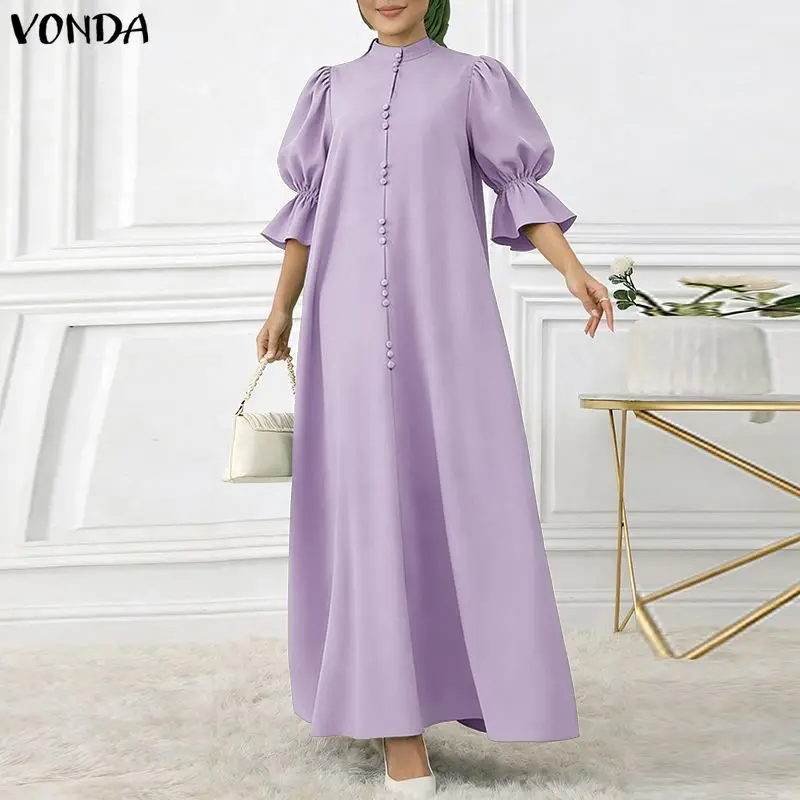 

VONDA Vintage Women Plus Size Dresses Solid Stand Collar Long Maxi Dress Summer Spring Party 3/4 Sleeve Vestidos Streetwear