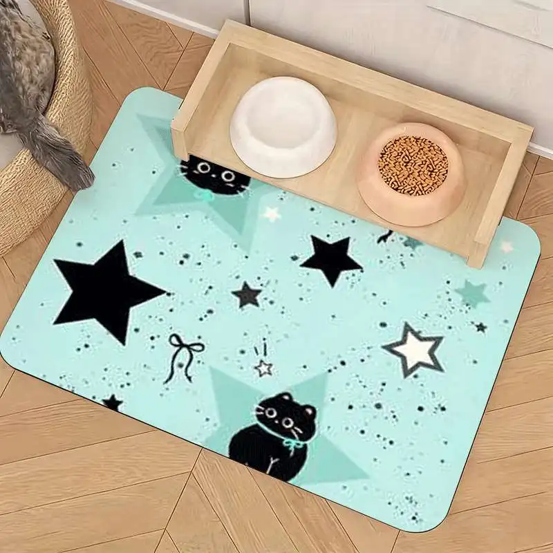 1pc Anti-Slip (Black Star Cat on Light Blue Background) Pet Feeding Mat, Cute Design, Leak-Proof And Easy-Clean