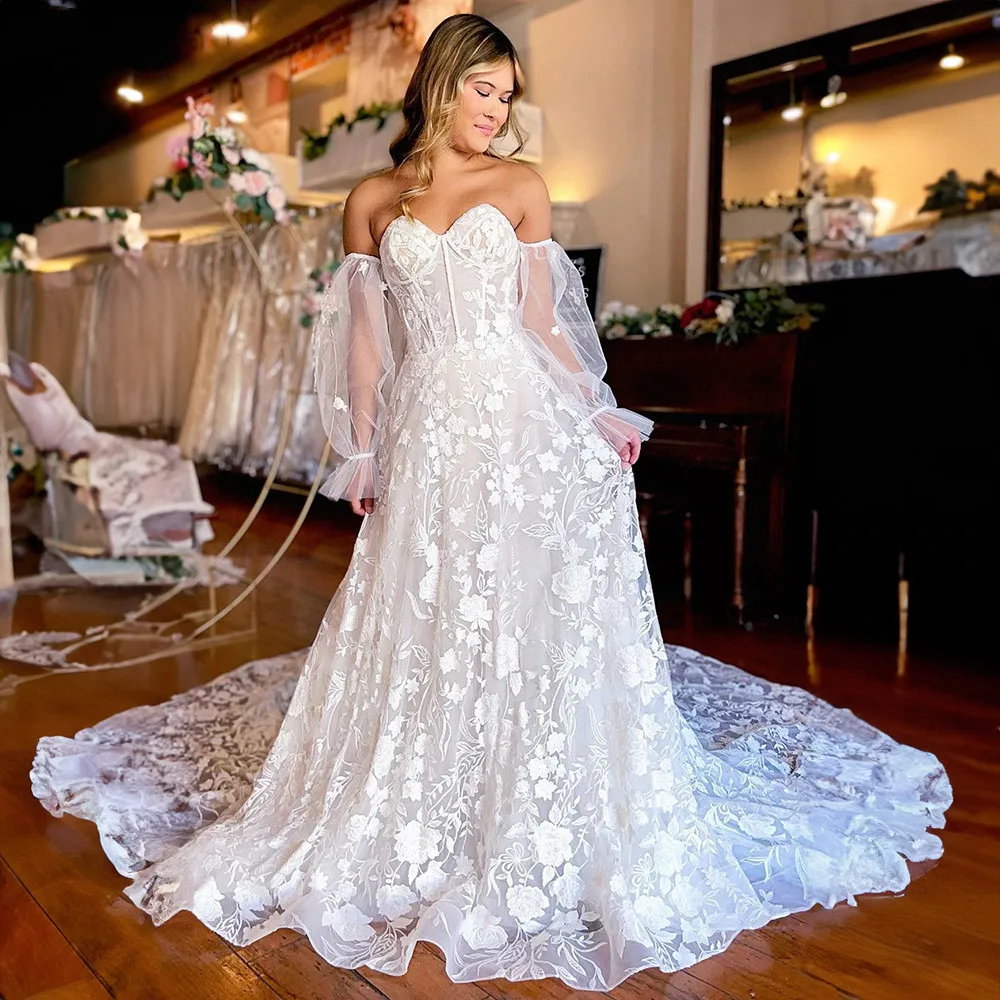 Vestidos de casamento de renda para mulheres, mangas puff, apliques de costas abertas, vestidos de trem da capela, querida linda, 2023