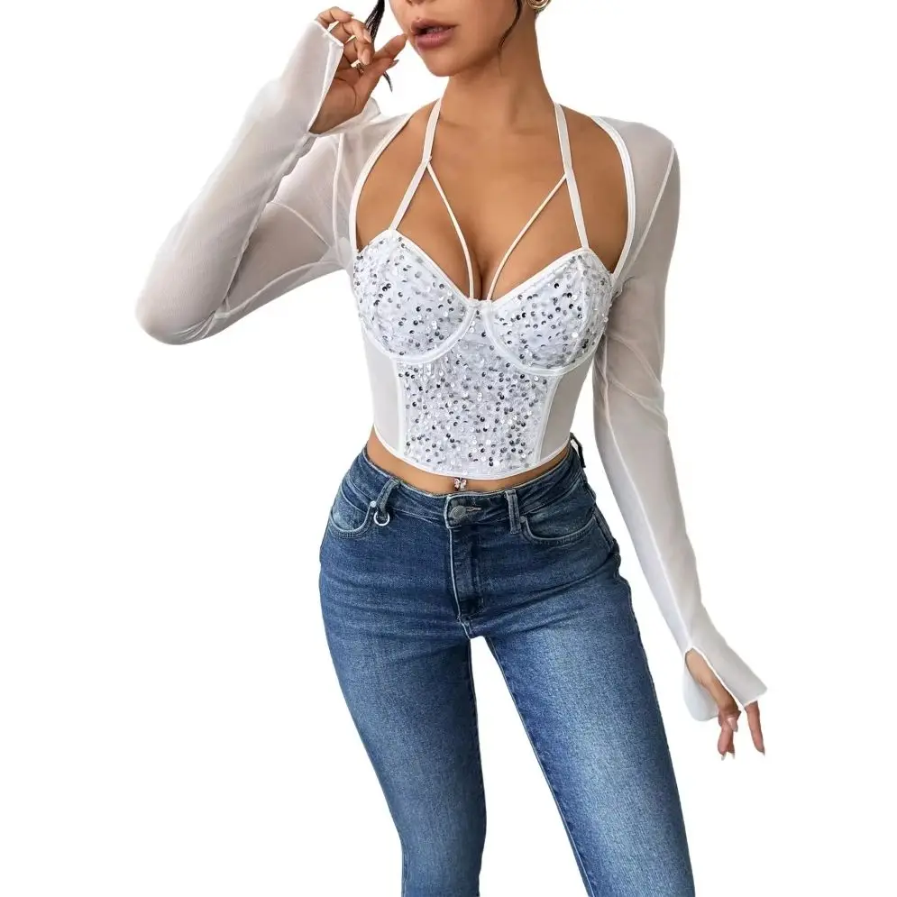 

Sexy Lace Shirt with Steel Ring Summer New Style Fashionable All-Match Top European And American Cross-Border Fishbone Design Sl