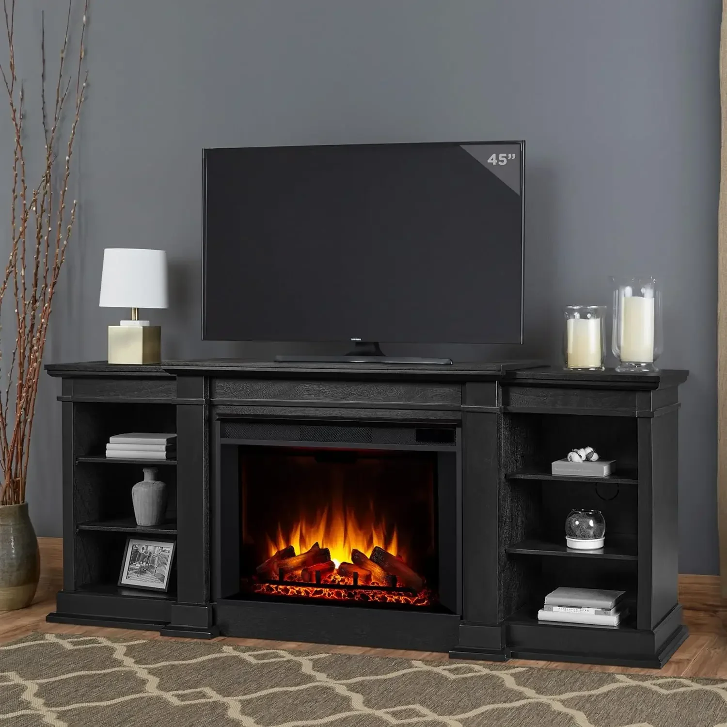 with Adjustable Shelves and Storage TV Stand for Living Room and Bedroom Remote Control Timer  fire place firepit tv stand with