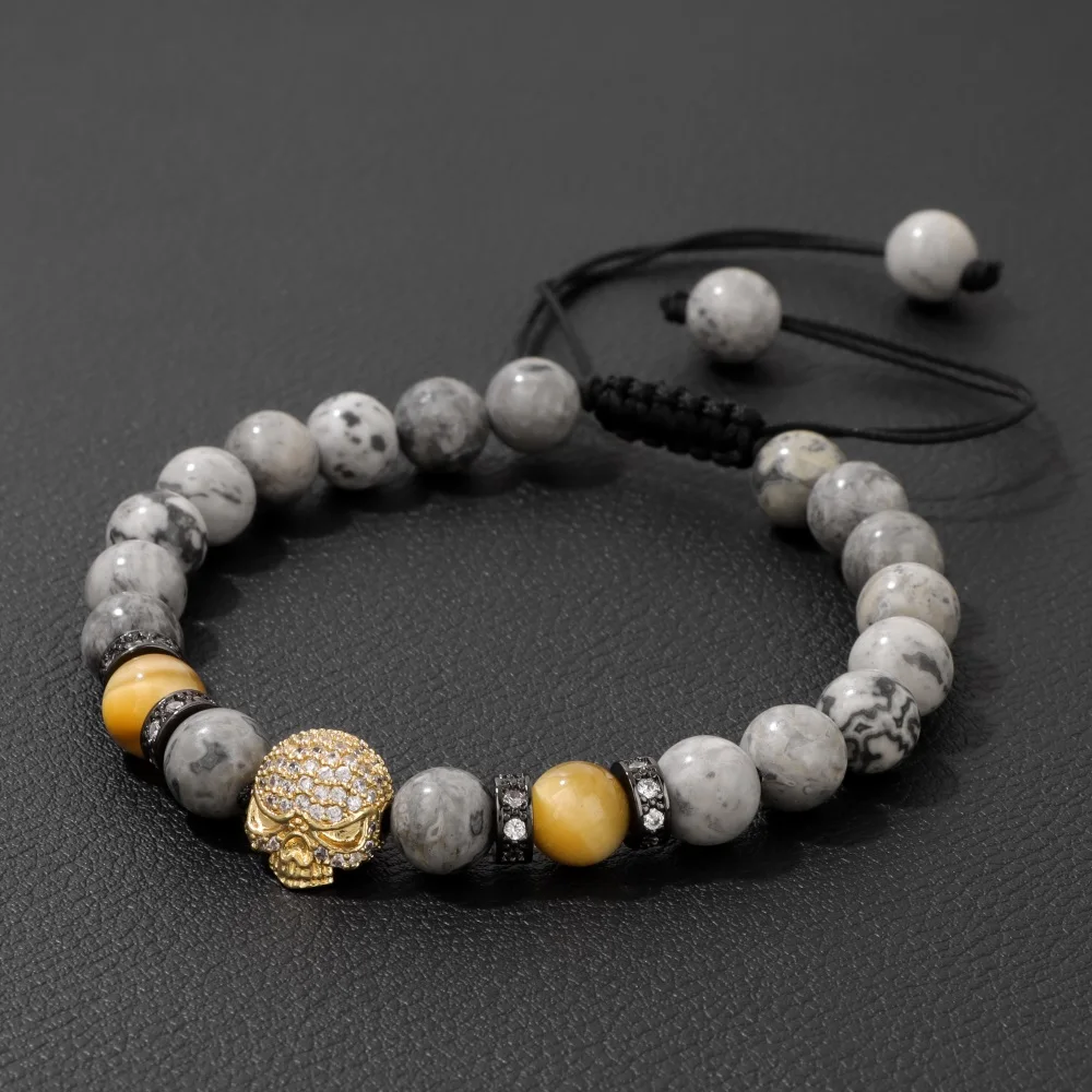 Natural Map Stone Round Beads Bracelet 8mm Gray Picasso Beaded Skull Braided Bracelets for Women Men Energy Jewelry Gift