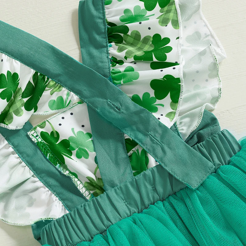 Stylish Baby Girl Shamrock Romper Dress with Flutter Sleeves Matching Bow Headband and Irish-inspired Design - 2 Piece Set