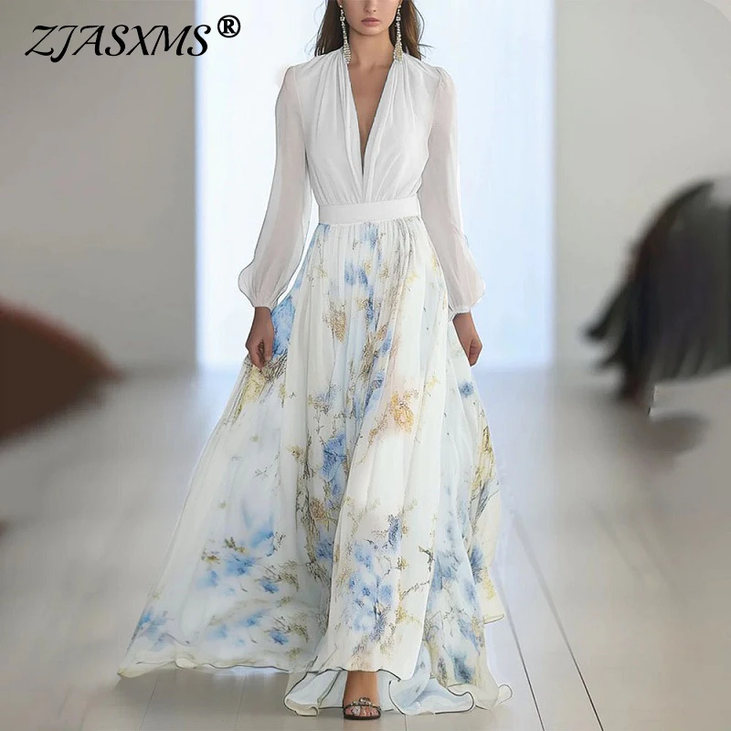 

Elegant Floral Print Patchwork Banquet Evening Dresses Woman Sexy V Neck Loose Boho Long Dress New Spring Long Sleeve Robe Dress