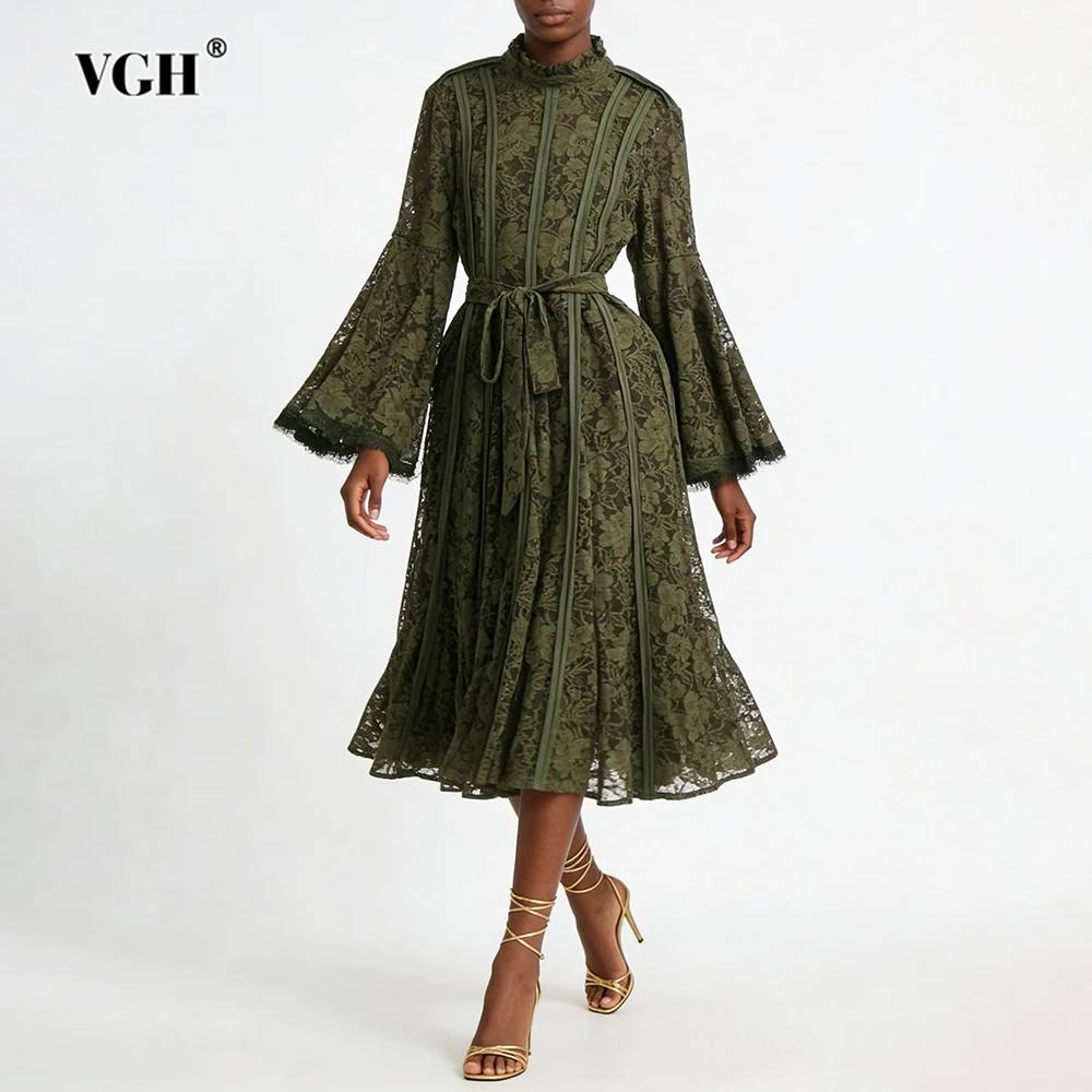 

VGH French Style Sweet Solid Lace Dresses For Women Round Neck Long Sleeve High Waist Spring Casual Daily Dress Female Fashion