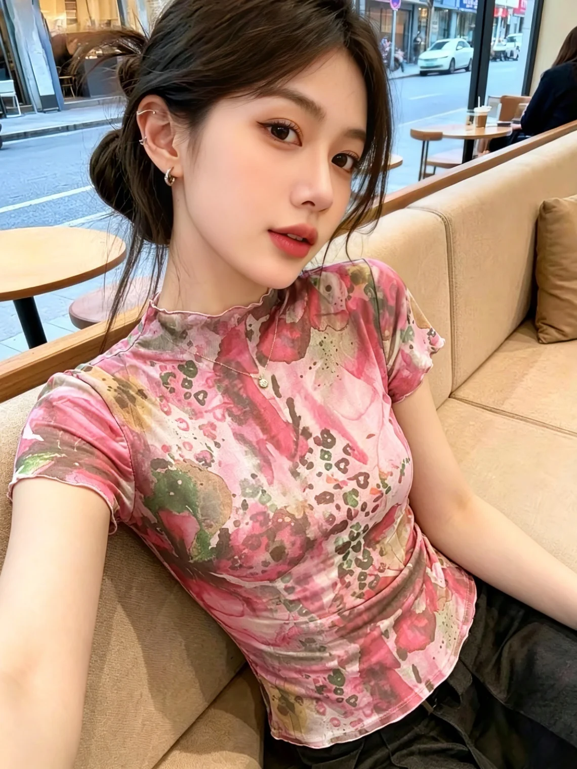 

Sweet Dyeing Print Mesh Short Sleeve T-Shirt Women's Summer Unique Beautiful Thin Unique Self-Keeping Style Straight Tube Top