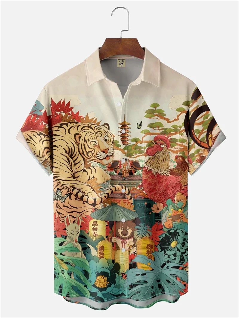 3D Printed Japanese Shirt Mens Ukiyo Koi Fish Wave Tattoo Short Sleeve Button Down Casual Summer Vintage Floral Loose Harajuku